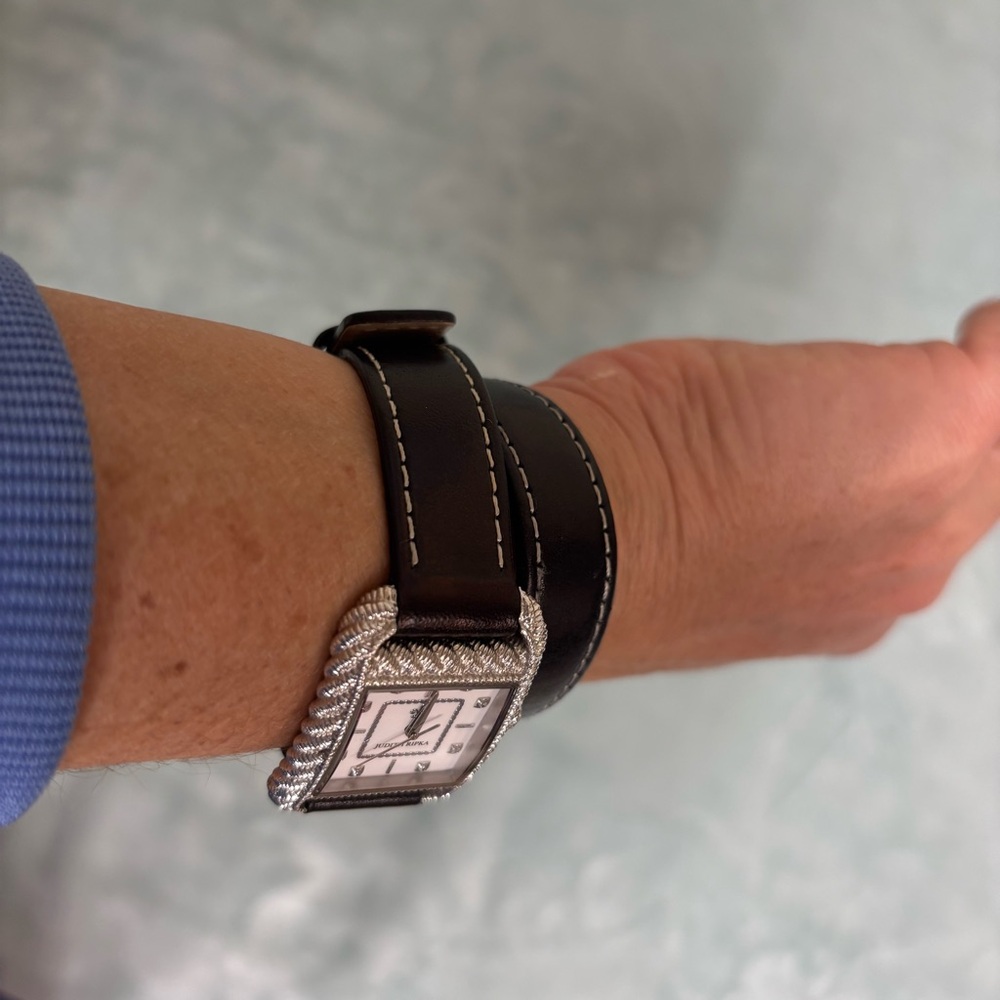 Judith Ripka Silvertone Stainless Steel & Black Leather Strap Wrap Watch - Picture 11 of 11